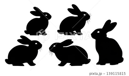 Black Solid Nature Bird Summer Listening Bunny Silhouettes Set of Six on White Background Black Solid Nature Bird Summer Listening Bunny Silhouettes Set of Six on White Background 139115815
