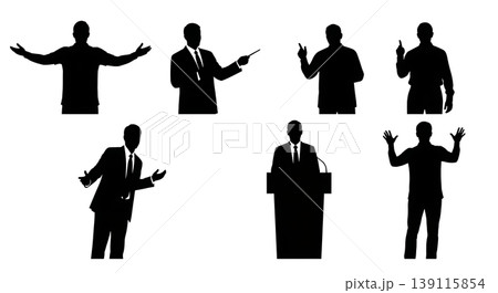 Black Solid Presentation Speakers Silhouettes Set of Six on White Background Black Solid Presentation Speakers Silhouettes Set of Six on White Background 139115854