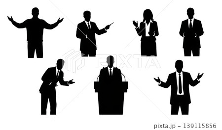 Black Solid Presentation Speakers Silhouettes Set of Six on White Background 139115856