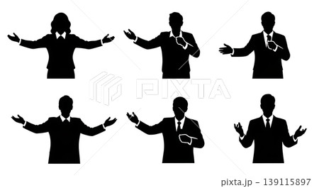 Black Solid Public Speaking Silhouettes Set of Six on White Background Black Solid Public Speaking Silhouettes Set of Six on White Background 139115897