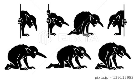 Black Solid Night Spying Troll Silhouettes Set of Six on White Background 139115982