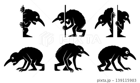 Black Solid Night Spying Troll Silhouettes Set of Six on White Background Black Solid Night Spying Troll Silhouettes Set of Six on White Background 139115983