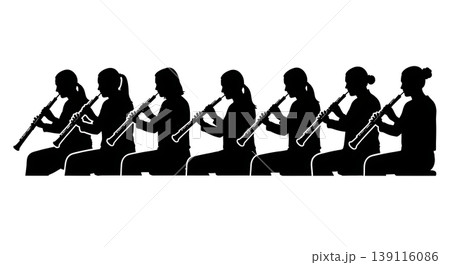 Black Solid Oboist Silhouettes Set of Six on White Background 139116086