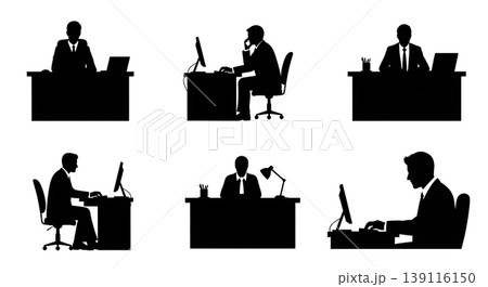 Black Solid Office Workers Silhouettes Set of Six on White Background Black Solid Office Workers Silhouettes Set of Six on White Background 139116150