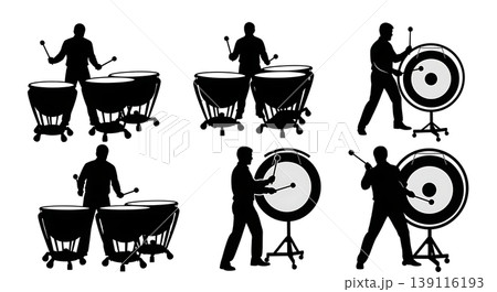 Black Solid Percussionist Silhouettes Set of Six on White Background Black Solid Percussionist Silhouettes Set of Six on White Background 139116193