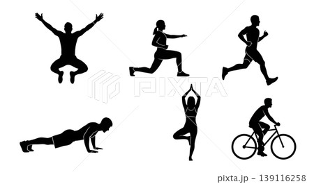 Black Solid Outdoor Exercise Silhouettes Set of Six on White Background 139116258