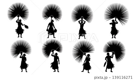 Black Solid Palm Fan Tribal Silhouettes Set of Six on White Background 139116271