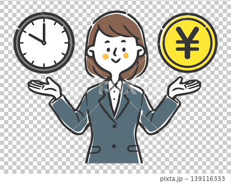 お金と時間を天秤にかけてタイパを考えている若い女性会社員 ベクター お金と時間を天秤にかけてタイパを考えている若い女性会社員 ベクター 139116333