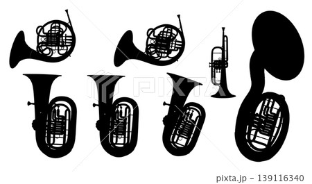 Black Solid Tribal Wind Instrument Silhouettes Set of Six on White Background 139116340
