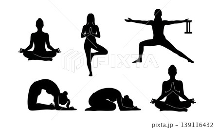 Black Solid Peace Mindfulness Seated Silhouettes Set of Six on White Background Black Solid Peace Mindfulness Seated Silhouettes Set of Six on White Background 139116432