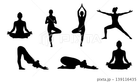 Black Solid Peace Mindfulness Zen Yoga Silhouettes Set of Six on White Background 139116435