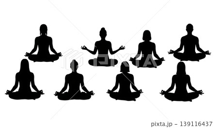 Black Solid Peace Quiet Meditation Yoga Silhouettes Set of Six on White Background Black Solid Peace Quiet Meditation Yoga Silhouettes Set of Six on White Background 139116437