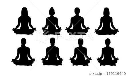 Black Solid Peace Quiet Meditation Yoga Silhouettes Set of Six on White Background 139116440