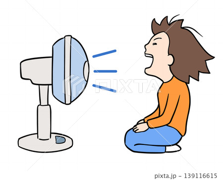 扇風機の前で正座をして口を開けながら涼んでいるコミカルな女性のイラスト 扇風機の前で正座をして口を開けながら涼んでいるコミカルな女性のイラスト 139116615