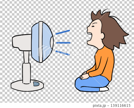 扇風機の前で正座をして口を開けながら涼んでいるコミカルな女性のイラスト 扇風機の前で正座をして口を開けながら涼んでいるコミカルな女性のイラスト 139116615