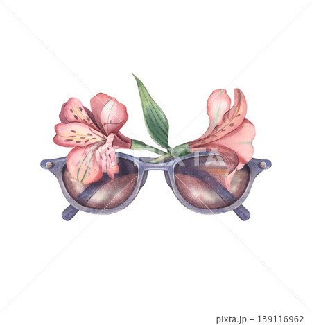 Hand-painted watercolor illustration of stylish sunglasses with blooming alstroemeria flowers, isolated on white. Perfect for summer fashion branding, beauty ads, social media, packaging, editorials Hand-painted watercolor illustration of stylish sunglasses with blooming alstroemeria flowers, isolated on white. Perfect for summer fashion branding, beauty ads, social media, packaging, editorials 139116962