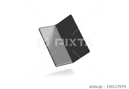 Blank black flexible book phone display half opened mockup png, transparent background, 3d rendering. Empty digital flip smartphone innovation mock up cut out. Clear portable transforming clamshell. Blank black flexible book phone display half opened mockup png, transparent background, 3d rendering. Empty digital flip smartphone innovation mock up cut out. Clear portable transforming clamshell. 139117079