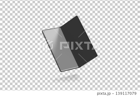 Blank black flexible book phone display half opened mockup png, transparent background, 3d rendering. Empty digital flip smartphone innovation mock up cut out. Clear portable transforming clamshell. Blank black flexible book phone display half opened mockup png, transparent background, 3d rendering. Empty digital flip smartphone innovation mock up cut out. Clear portable transforming clamshell. 139117079