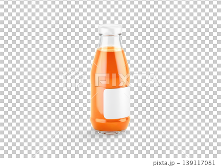 Blank transparent glass carrot juice bottle with white label mockup png, transparent background, 3d rendering. Empty squeezed carrots canned drink mock up cut out. Clear natural plant juicy template. 139117081