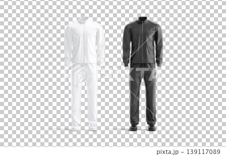 Blank black and white sport team unifrom mockup png, transparent background, 3d rendering. Empty tracksuit with sweatpants and jacket tennis or hockey mock up cut out. Sportsman jersey template. Blank black and white sport team unifrom mockup png, transparent background, 3d rendering. Empty tracksuit with sweatpants and jacket tennis or hockey mock up cut out. Sportsman jersey template. 139117089