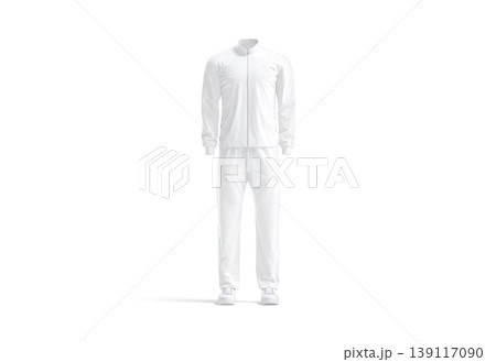 Blank white olympic team unifrom mockup png, transparent background, 3d rendering. Empty training athletics costume with jacket and pants mock up cut out. Crew or sporty coach activewear template. 139117090