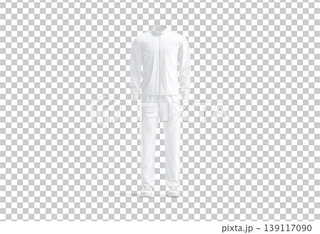 Blank white olympic team unifrom mockup png, transparent background, 3d rendering. Empty training athletics costume with jacket and pants mock up cut out. Crew or sporty coach activewear template. 139117090
