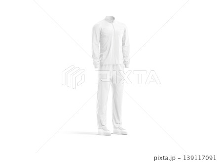 Blank white sport team uniform mockup png, transparent background, 3d rendering. Empty sports activewear with jacket and pants for trainer mock up cut out. Clear sporty outfit suit for crew template. 139117091