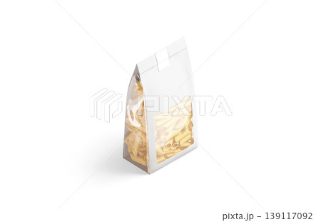 Blank white paper transparent pack with penne pasta mockup png, transparent background, 3d rendering. Empty bag or packet with raw italian noodles mock up cut out. Clear box with macaroni template. 139117092