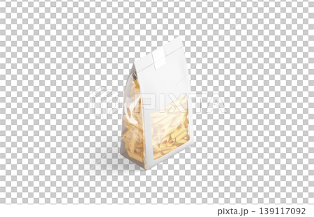 Blank white paper transparent pack with penne pasta mockup png, transparent background, 3d rendering. Empty bag or packet with raw italian noodles mock up cut out. Clear box with macaroni template. 139117092