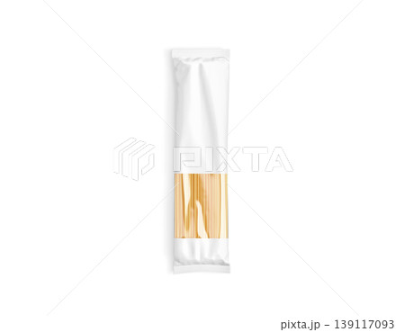 Blank white paper transparent pack with spaghetti pasta mockup png, transparent background 3d rendering. Empty raw vermicelli mel mock up cut out. Clear italy food spaghettoni tube packaging template. 139117093