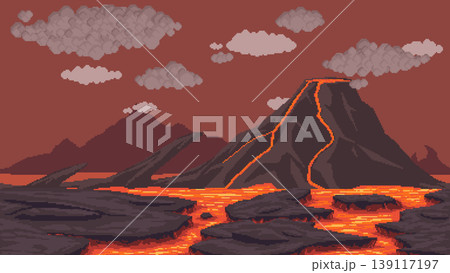 Pixel art volcanic lava landscape background 139117197