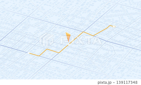 Orange route path displayed on blue city street grid map with location marker showing journey direction and destination point. Vector illustration. Orange route path displayed on blue city street grid map with location marker showing journey direction and destination point. Vector illustration. 139117348