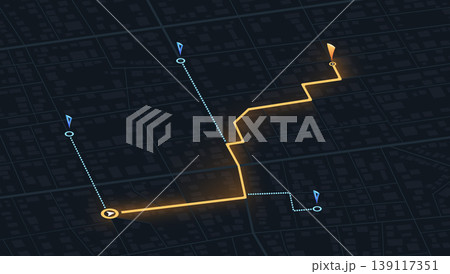 Navigation route planning with multiple waypoints on digital city map grid showing optimal path calculation. Vector illustration. Navigation route planning with multiple waypoints on digital city map grid showing optimal path calculation. Vector illustration. 139117351