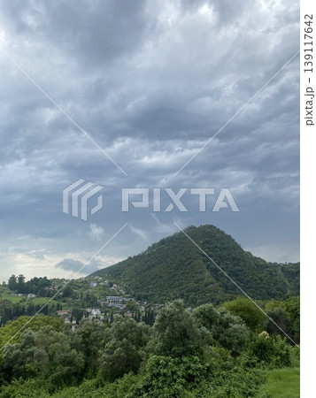 Lush green valley with dense forest and cloudy sky, perfect for nature-themed backgrounds Lush green valley with dense forest and cloudy sky, perfect for nature-themed backgrounds 139117642