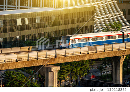 The Sky train in Bangkok with building 139118283