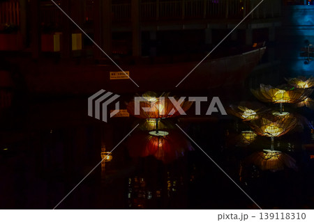 The floral lighting decoration on the pool with reflection at night. For festival decoration. The floral lighting decoration on the pool with reflection at night. For festival decoration. 139118310