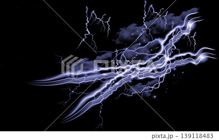 Electrifying purple lightning bolt energy strikes across a dark night sky with abstract glowing power effects and cosmic storm clouds on a transparent background	 139118483
