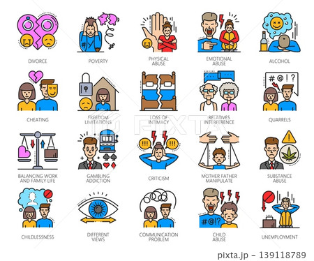 Family psychological problems color icons of people couple and kids stress, vector pictograms. Family psychological problems of husband and wife relationship problems, emotional abuse, and quarrels 139118789