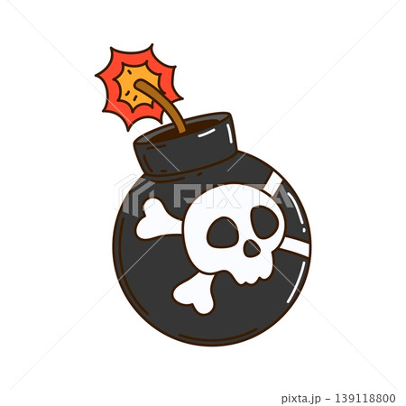 Cartoon pirate round black bomb with skull and crossbones symbol. Vector bomb featuring lit burning fuse with red sparks for adventure game interfaces, pirate party posters or kids books 139118800