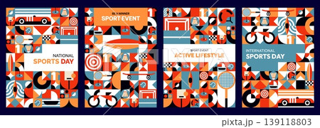 Modern geometric sport posters with geometric elements and abstract shapes, vector backgrounds. National Sports Day banners with pattern of geometric soccer or football ball, bicycle and car races 139118803