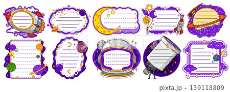 Space and galaxy kids memo note frames by outer space and astronomy. Memo borders with galactic stars, planets, space helmets and telescope, Saturn rings, shooting comets, balloon moons, rocket ship 139118809