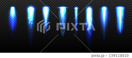 Rocket launch blue fire flame trails, flame shapes range from narrow beam to wide burst. Glowing flames create a powerful sense of speed and energy. Spaceship vector launch effect 139118810