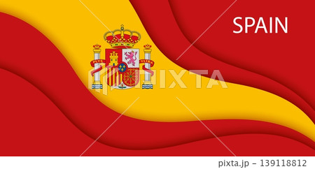 Paper cut national flag of Spain or Spanish banner, vector red and yellow wavy background. Spain flag with coat of arms in paper cut waves for Spanish national day or republic patriotic holiday design Paper cut national flag of Spain or Spanish banner, vector red and yellow wavy background. Spain flag with coat of arms in paper cut waves for Spanish national day or republic patriotic holiday design 139118812