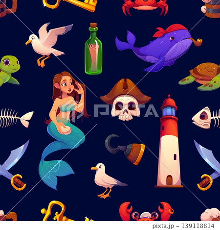 Pirate characters seamless pattern background. Cartoon vector pattern featuring mermaid, skull with pirate hat, whale, and seagulls on dark background for fabric prints, wrapping paper, kids textile Pirate characters seamless pattern background. Cartoon vector pattern featuring mermaid, skull with pirate hat, whale, and seagulls on dark background for fabric prints, wrapping paper, kids textile 139118814