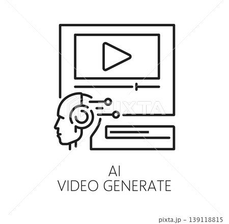 AI video generation artificial intelligence technology icon with human head and circuit connected to video player screen with play button and timeline. Vector AI technology digital media platforms AI video generation artificial intelligence technology icon with human head and circuit connected to video player screen with play button and timeline. Vector AI technology digital media platforms 139118815