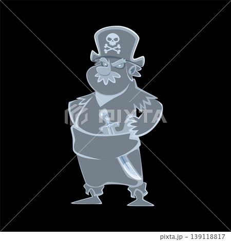 Cartoon pirate ghost character standing with arms akimbo and curved sword. Spooky corsair sailor spirit Halloween personage in tricorn hat and classic pirate costume. Vector undead buccaneer phantom 139118817