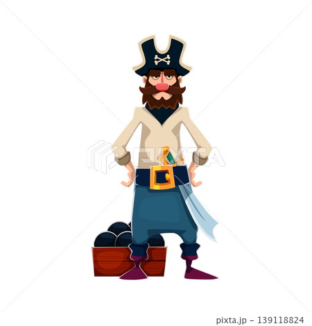 Cartoon pirate captain or gunner character standing confidently with sword and chest of cannonballs. Vector sailor corsair personage in pirate costume with tricorn and beard, ready for sea adventure 139118824
