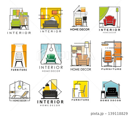 House interior, decor and furniture icons with vector armchairs, sofa, floor lamps and shelves, cabinets, beds, cozy lounge chairs, drawers or tables. Modern house room interior design icons set 139118829