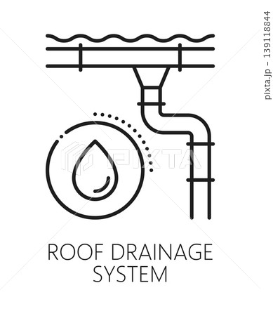 House roof drainage system installation line icon or symbol. Home roof drainage repair outline pictogram, waterproofing service vector sign. House renovation and construction company symbol or icon House roof drainage system installation line icon or symbol. Home roof drainage repair outline pictogram, waterproofing service vector sign. House renovation and construction company symbol or icon 139118844