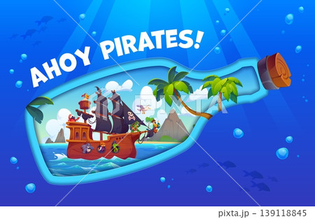 Kids party banner with paper cut pirate bottle with treasures map, ship, tropical island with palms playful corsair animal characters inside and Ahoy pirates quote. Cartoon vector sea underwater scene 139118845